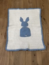 Handmade Crochet Baby Blanket with Bunny  Blue  White 29" x 24"
