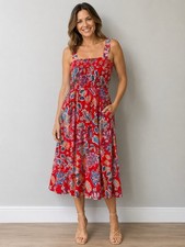 Talbots Blue Green Floral Midi Dress Elastic Ruffle Sleeve Belted Fit Flare 14