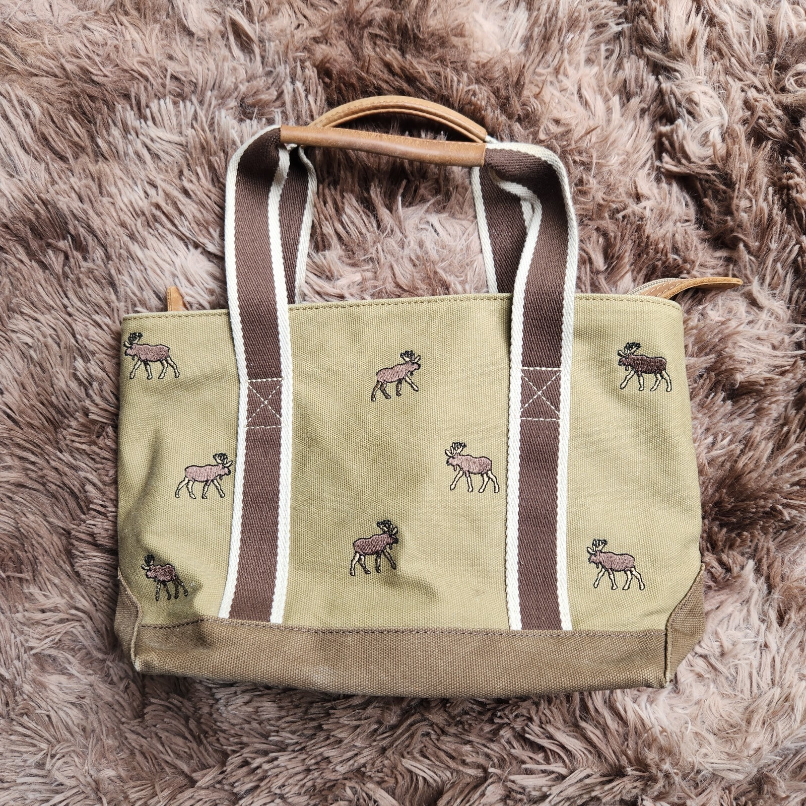 Vintage LL Bean Boat and Tote Bag Moose Embroidery Canvas Leather Handles