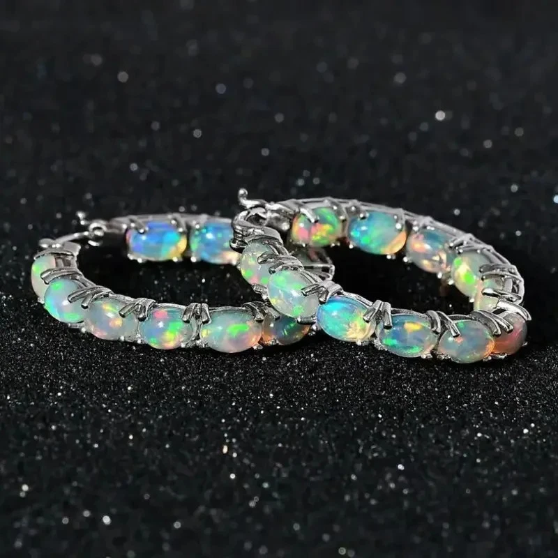 Silver Plated Large Hoop Faux White Opal Snap Closure Earrings..3cms - Image 3 of 4