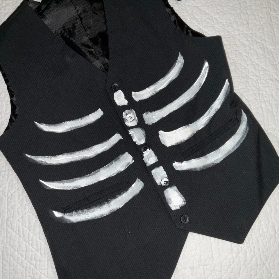 Chaleco Hombre Negro Hombre Talla S Pequeño Disfraz Huesos Pintados a Mano Día de Muertos Foto 2 de 4