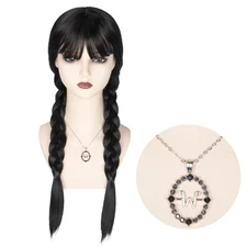 Women Girls Long Black Braids Wig with Bangs Long Straight Pigtails Wig for Adul