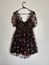 Unique Vintage Black Sparkle Strawberry Tulle Babydoll Mini Dress L