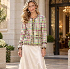 St John Collection Marie Gray Blazer Size 6 Pastel Plaid Santana Knit Fringe USA