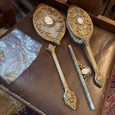 Antique French Victorian Filigree Gold Hand Mirror,Brush,Comb With Genuine Cameo