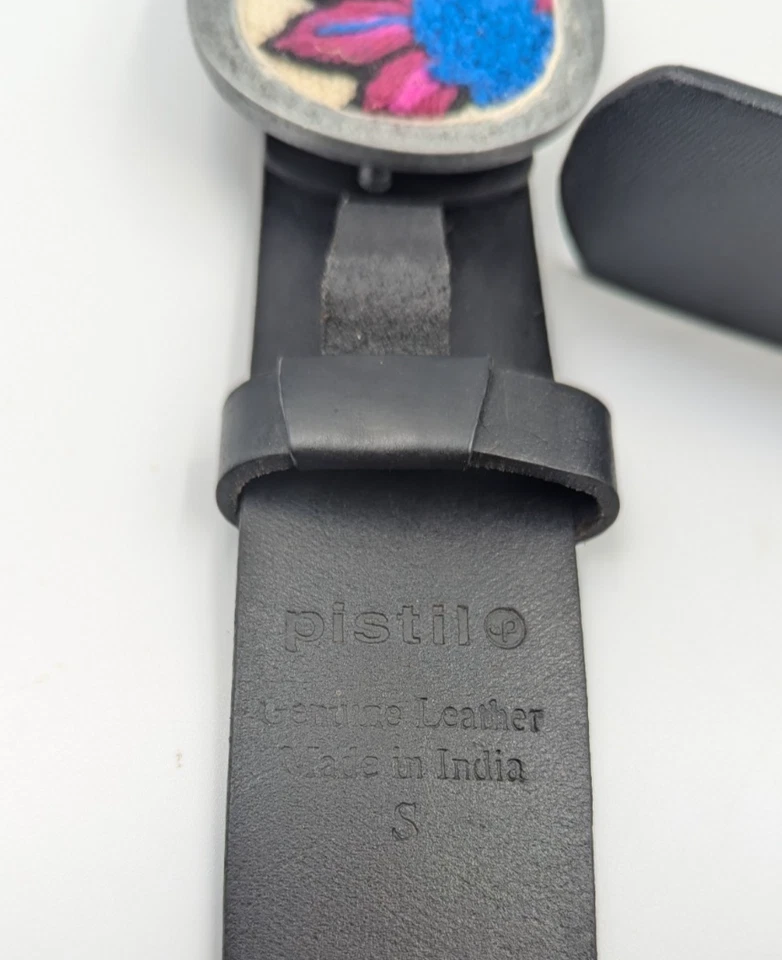 Vintage Pistil Womens Black Genuine Leather Belt Embroidered Floral Buckle Large - Image 3 of 4