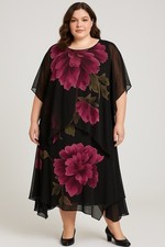 Eva Blue Plus Black MIDI Sheer Dress Poncho Set Sz 16 Dark Floral Beaded Witchy