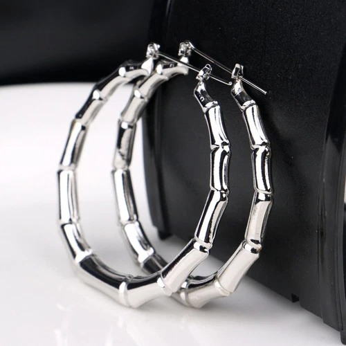 925 Sterling Silver Big Circle Round Bamboo Hoop Fashion Charms 2.25" Earrings