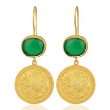 Hand Carved King Face Earrings 18k Gold Plated Green Onyx Gemstone Earrings