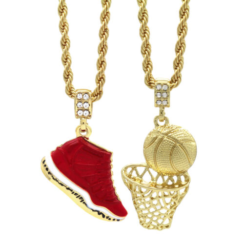 Gold Plated Hip Hop Retro 11 Gym Red & Plain Basketball Pendant 4mm 24" Chain - Afbeelding 1 van 7