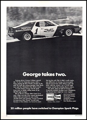 1972 Champion Spark Plugs George Follmer AMC Javelin Vintage Print Ad Wall Art