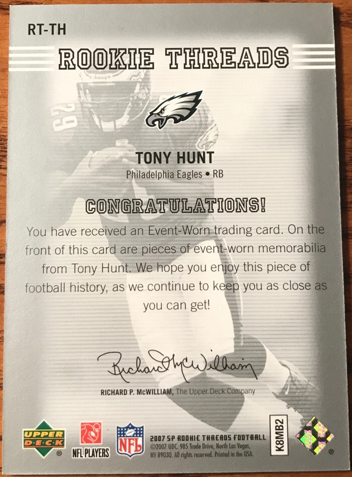 2007 SP Rookie Threads Rookie Threads Silver Tony Hunt RT-TH Philadelphia Eagles - Image 2 of 2