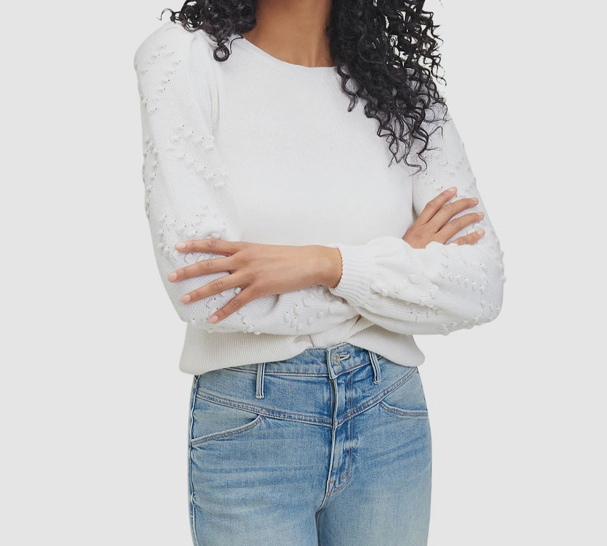 148 Splendid Women s Ivory Long Puff Sleeve Heart Stitch Crewneck Sweater Small