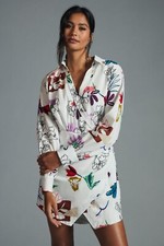 Anthropologie Maeve Wrap Mini Shirt Dress in Multi Floral White Size XS