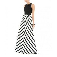 ALFRED SUNG Satin A-Line Gown Stripe D707P Dress 14 Black Ivory White Sleeveless