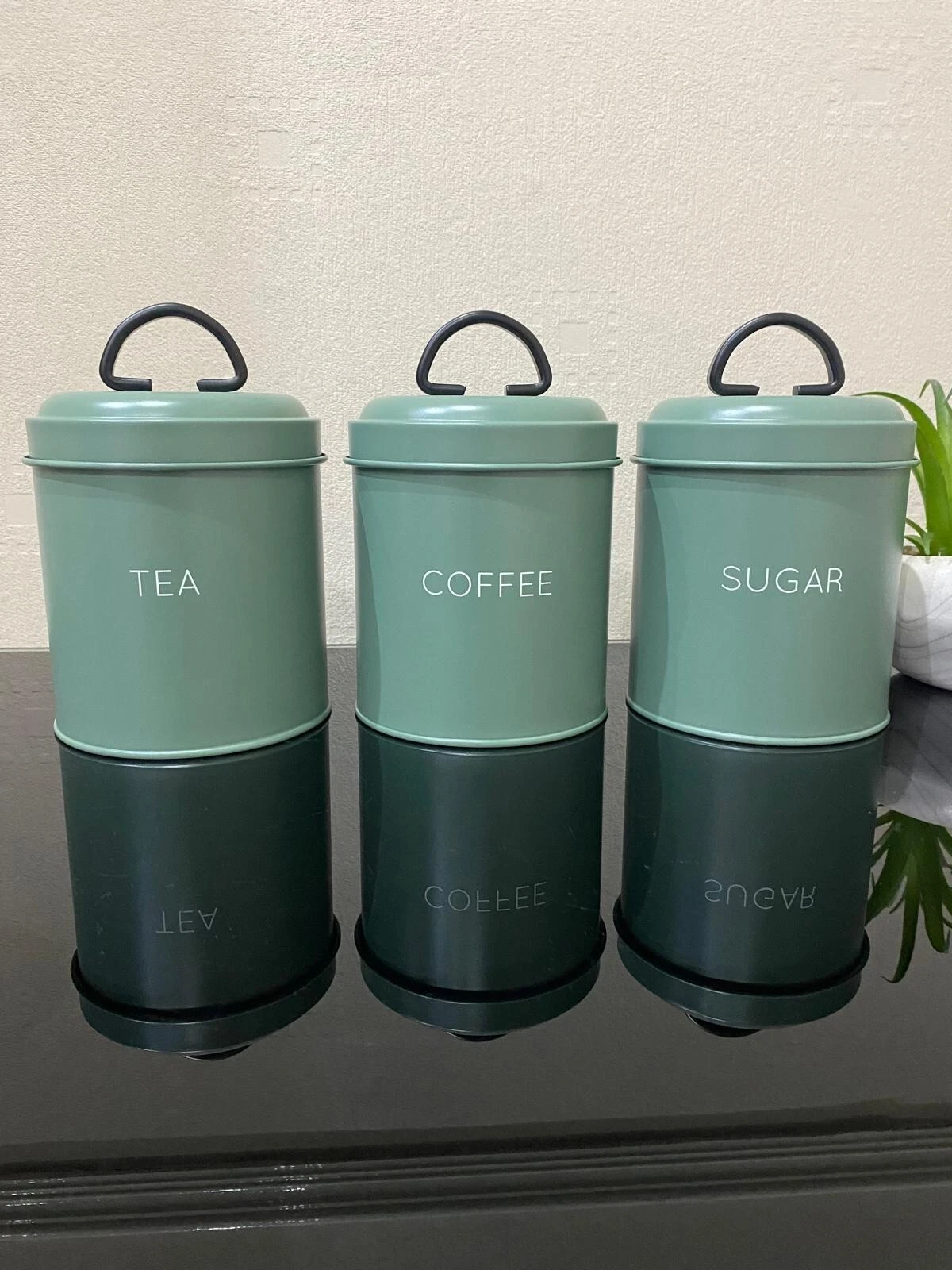 Set of 3 Green Tea, Coffee, Sugar Canisters – Lids With Black Handles
Opens in a new window or tab