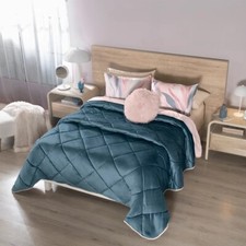 BLUE AND PINK COLOR VELVET TEXTURE REVERSIBLE COMFORTER SET 4 PCS QUEEN SIZE