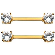PAIR 14G GOLD PLATE STEEL PRONG SET ROUND CZ GEM BARBELL NIPPLE RING NIPPLERINGS