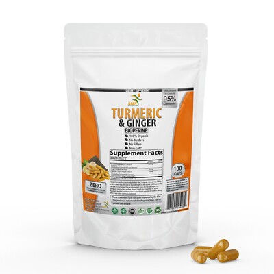 TURMERIC 95% CURCUMIN with GINGER & BIOPERINE Black Pepper Antioxidant 100 Caps