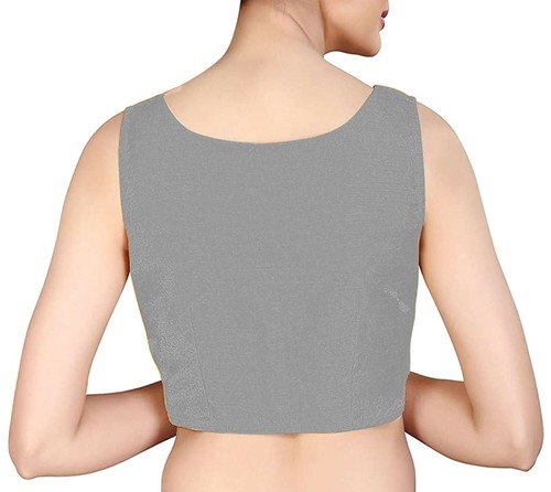 Women Dupion Silk Blouse Boat Neck Sleeveless Handmade Designer Choli Crop Top - Picture 16 of 44