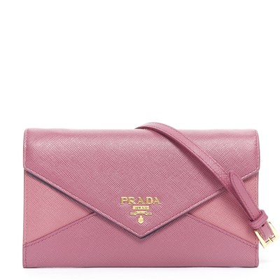 NEW! PRADA pink diamond envelop gold logo flap wallet chain