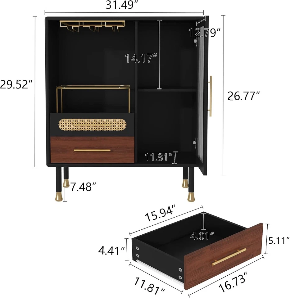 Modern Coffee Bar Cabinet with Wine Glass Rack and Drawers, Black Liquor Cabinet - Image 2 of 4