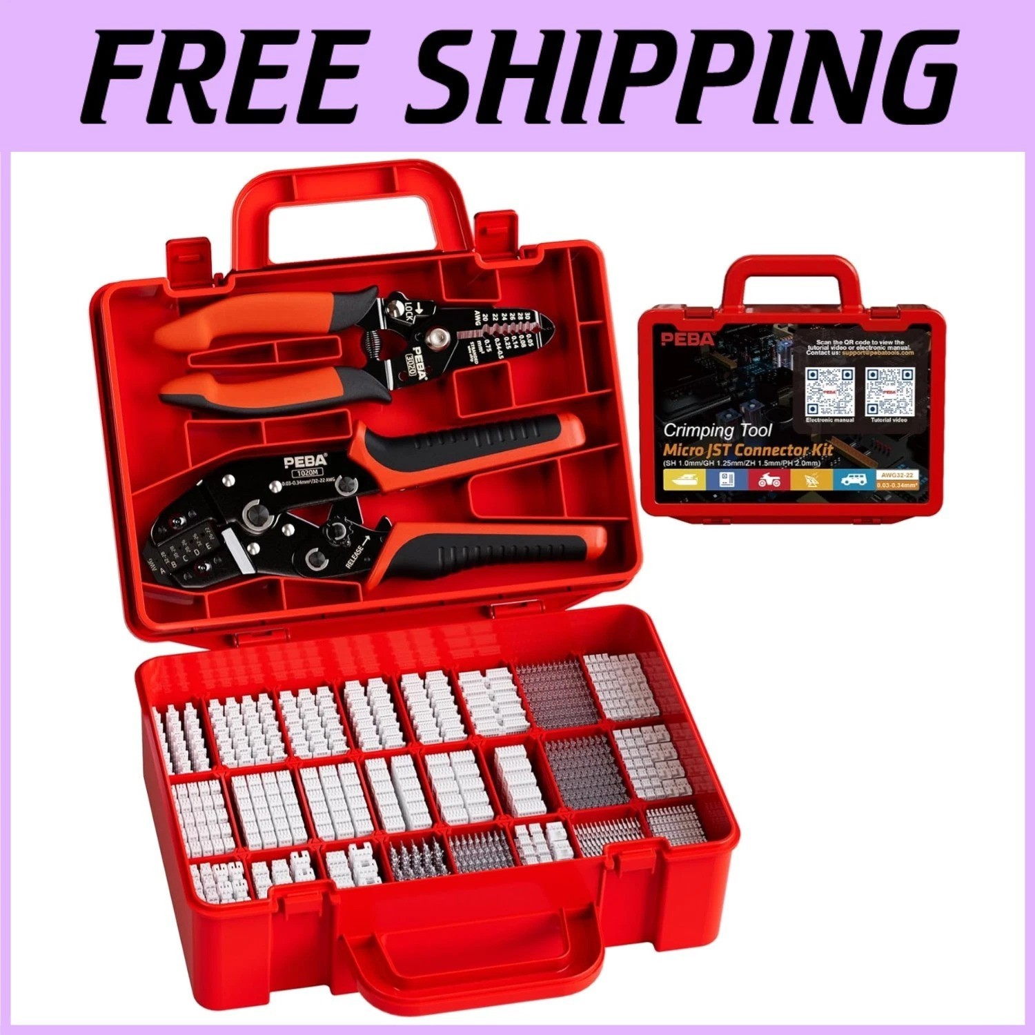 JST Connector Crimper Kit with 30 Types 1.0-2.0mm Connectors