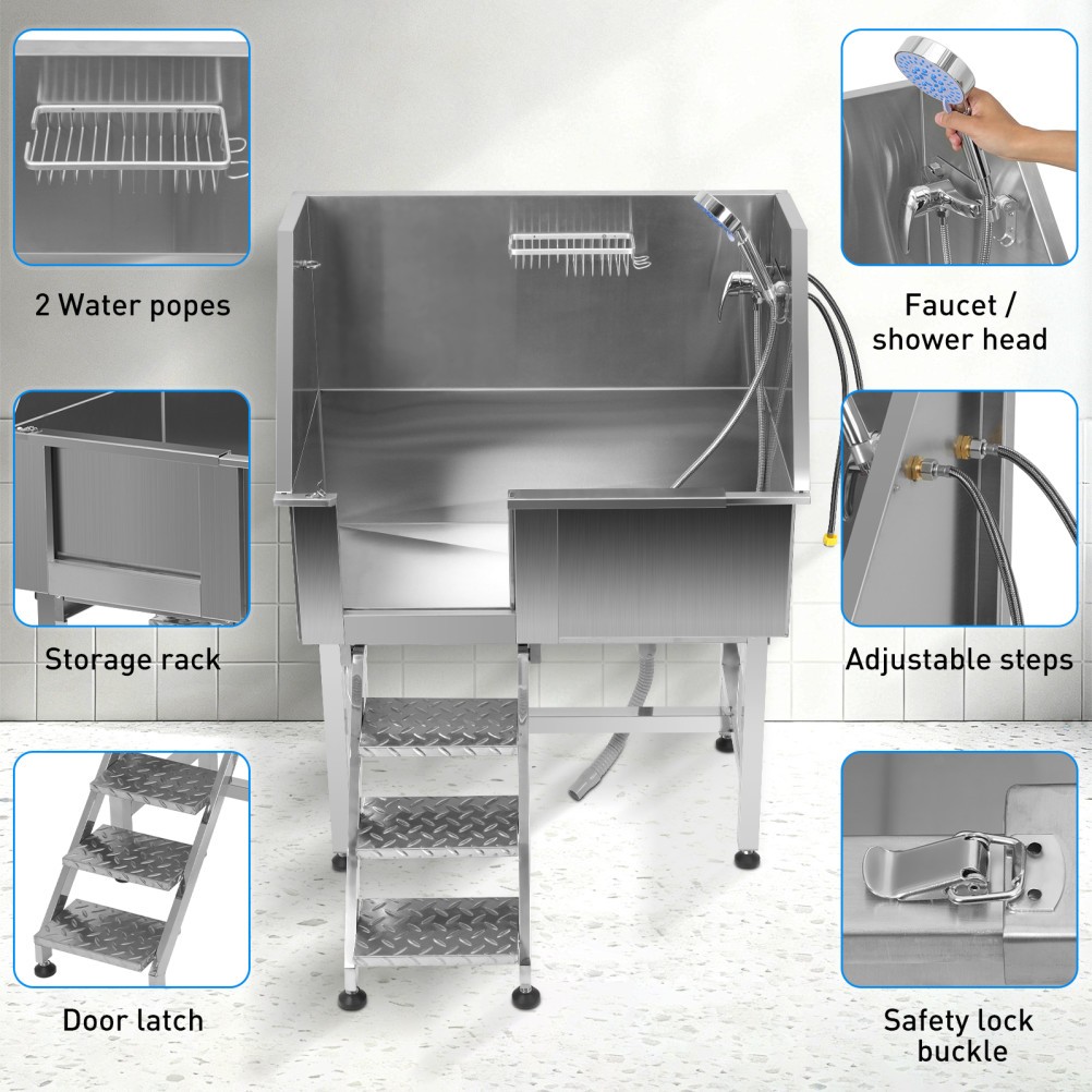 TOYANDONA  38" Stainless Steel Pet Grooming Tub Dog Bath Station & Stair Faucet