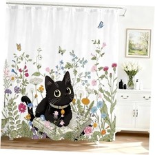 Floral Shower Curtain for Bathroom, Cute Cat Wildflowers Shower Curtain with