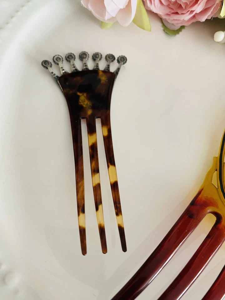 "2 peines de pelo antiguos y vintage Art Deco estrás de celuloide chapados en plata 8,5""" Foto 3 de 4