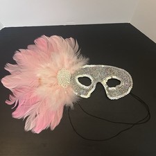 Masquerade Mask Hand Made Feather Pink Silver Mardi Gras Costume Party