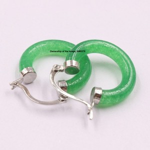 Gold Plated Green Jade Circle Hoop Earrings 30Mm H