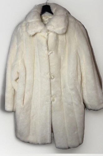 Vintage Oleg Cassini Faux Fur Coat Ivory USA M Bridal Winter Glam