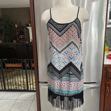 Pixi + Ivy Women's Black Fringe HEM SUN DRESS SCOOP NECK SZ M MULTI COLOR WHITE
