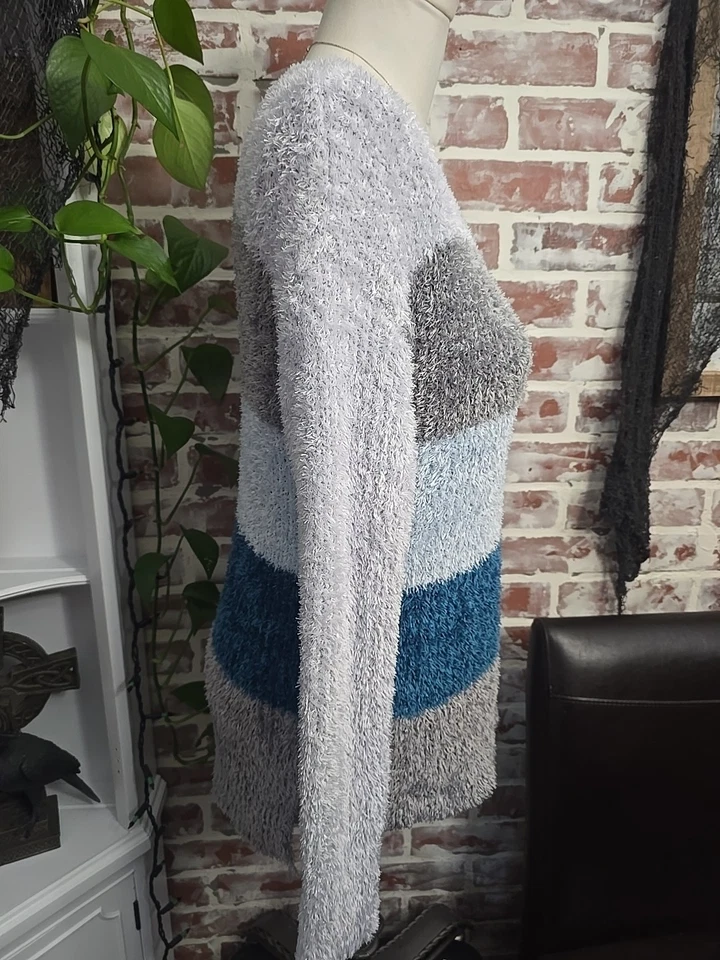 Ellen Tracy 女式毛衣,尺寸 L,蓝色灰色条纹长袖 — 第 3/4 张图片