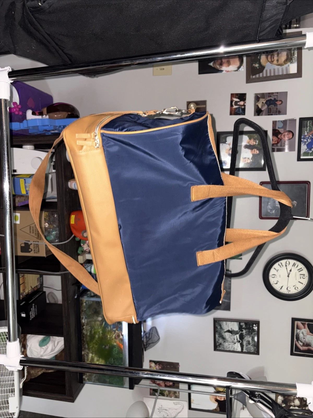 DSW Weekender Carryall Tote Bag Travel Bag Shoe Compartment Navy Blue & Tan NEW
