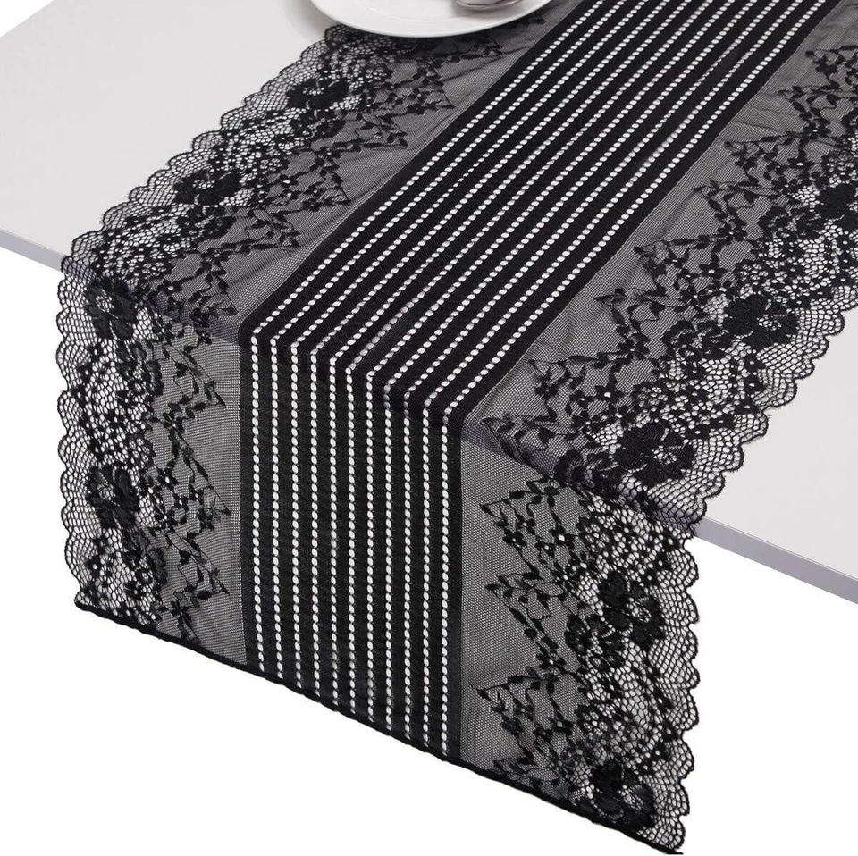 Black Vintage Lace Table Runner Tablecloth Mat Wedding Party Dining Home Decor - Image 2 of 4
