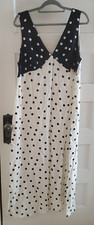 ASOS Design Linen Blend V-Neck Polka Dot Maxi Dress Leg Slit Black White Size 14