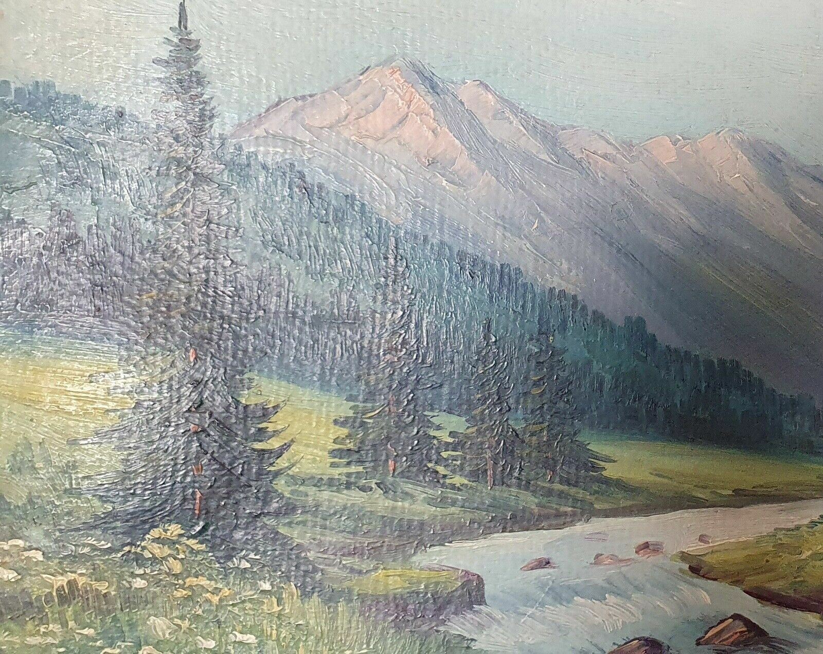 Antique impressionist oil painting mountain river landscape