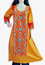 Riaa Indian Designer Cotton Kantha Hand Embroidery A-Line Long Kurti Tunic-XL