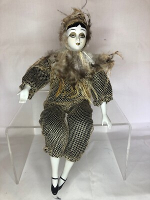 Harlequin Pierrot Porzellan Gold Schwarz 42cm venezianisch Karneval Modepuppe 