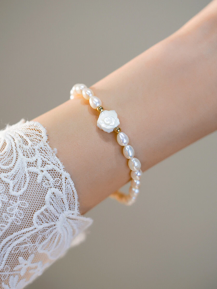 Natural Freshwater Pearl Bracelet With Rose Charm Beaded Pearl