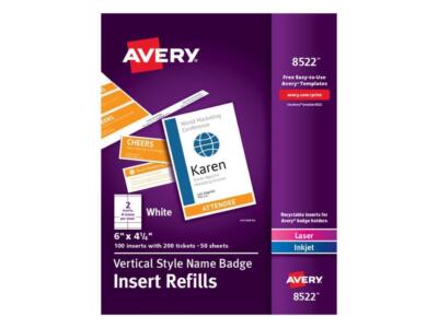 Avery  Vertical Name Badge Inserts, 6'' x 4 1/4'', White, Box Of 100 Inserts