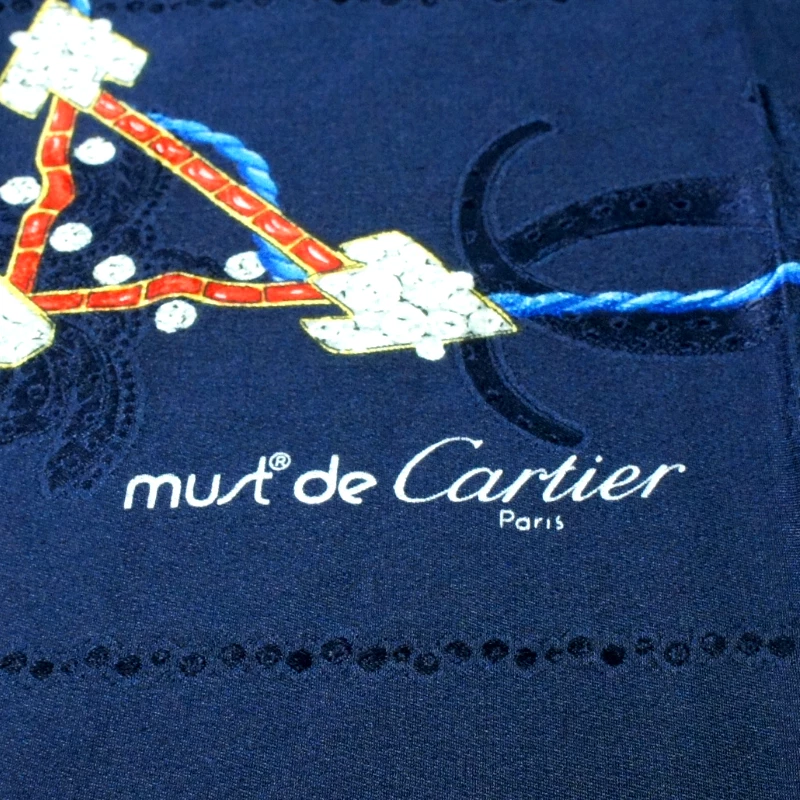 Auténtica bufanda de seda de lujo vintage Cartier Paris "logotipo, joyería" para mujer 34 pulgadas Foto 3 de 4