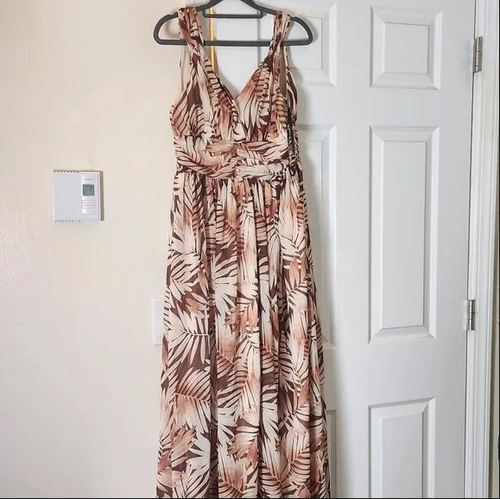 Tropical Print Sheer Maxi Dress for Women Vacation Outfit for Ladies Brown US S - Picture 9 of 12