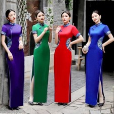 Women Evening Party Qipao Dress Chinese Silk Cheongsam Model Stage Frock Gowns