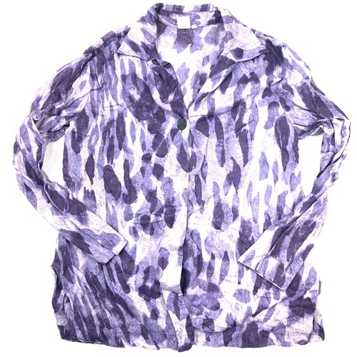 jones new york womens size medium 100% linen button up blouse abstract print