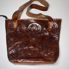 Dark Brown Floral Tooled Leather Shoulder Bag Tote Bohemian Crossbody Western