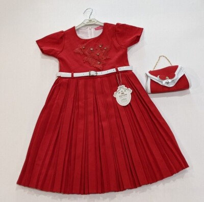 Utsun Baby Style Pleated Belted Dress With Purse (Choose Size, Red)
