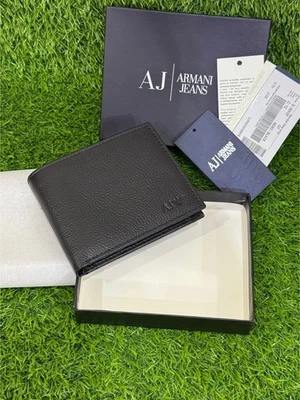 Brand New Armani Jeans Men Bi-fold Black Leather Wallet With Coin Pocket